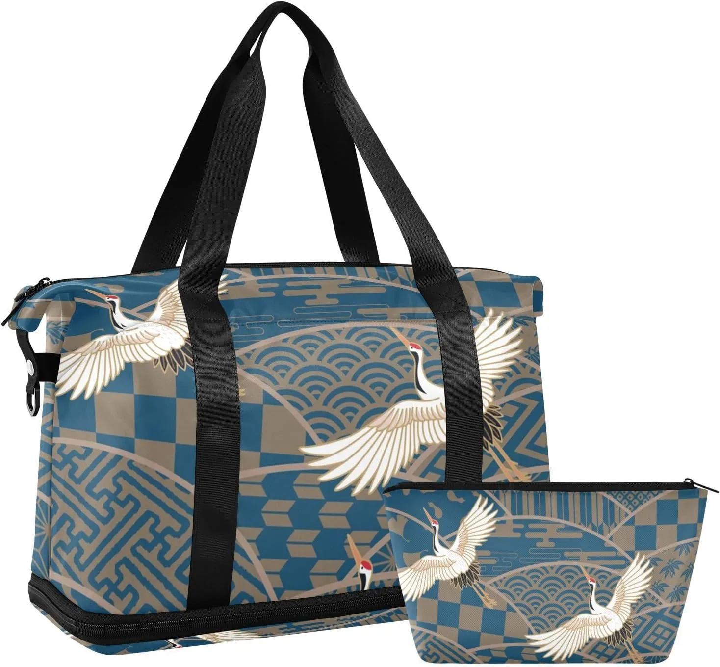 Travel Duffel Bag Japanese Traditional Pattern Cranes Gym Duffel Bag for Men & Women with Shoe & Wet Compartment Shoulder Weekender Overnight Bag