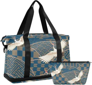 Travel Duffel Bag Japanese Traditional Pattern Cranes Gym Duffel Bag for Men & Women with Shoe & Wet Compartment Shoulder Weekender Overnight Bag