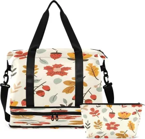 Travel Duffel Bag Leaves Flowers and Acorn Gym Duffel Bag for Men & Women with Shoe & Wet Compartment Shoulder Weekender Overnight Bag
