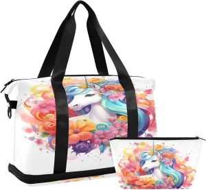 Travel Duffel Bag Magical Unicorn with Flowers Gym Duffel Bag for Men & Women with Shoe & Wet Compartment Shoulder Weekender Overnight Bag