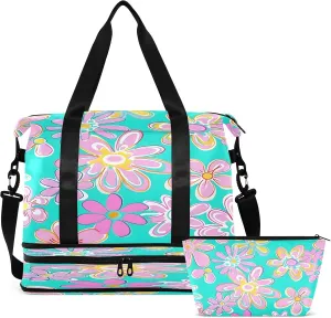 Travel Duffel Bag Retro Lily Flower Gym Duffel Bag for Men & Women with Shoe & Wet Compartment Shoulder Weekender Overnight Bag