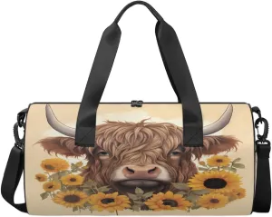 Travel Duffel Bag Sunflower Highland Cow Sports Gym Bag for Womens Mens, Waterproof Weekend Overnight Bags Lightweight Carry on Bags for Airplanes Yoga Dance Beach Swim Hospital Holdalls,A-140
