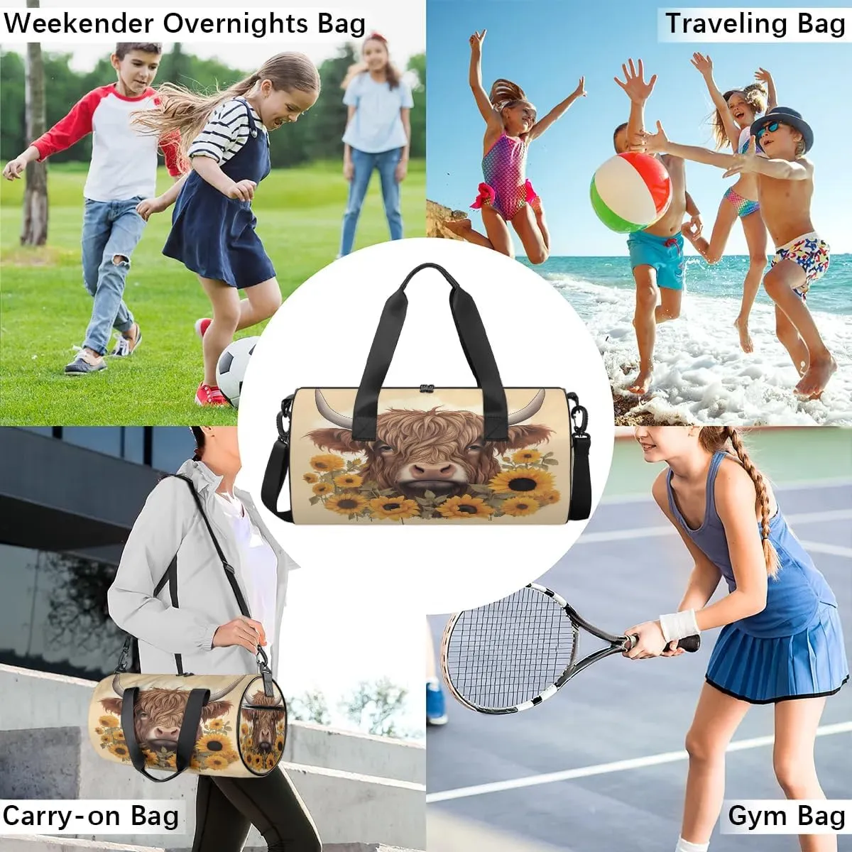 Travel Duffel Bag Sunflower Highland Cow Sports Gym Bag for Womens Mens, Waterproof Weekend Overnight Bags Lightweight Carry on Bags for Airplanes Yoga Dance Beach Swim Hospital Holdalls,A-140