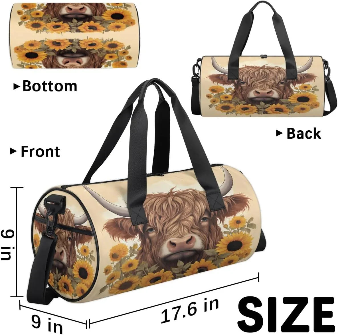 Travel Duffel Bag Sunflower Highland Cow Sports Gym Bag for Womens Mens, Waterproof Weekend Overnight Bags Lightweight Carry on Bags for Airplanes Yoga Dance Beach Swim Hospital Holdalls,A-140