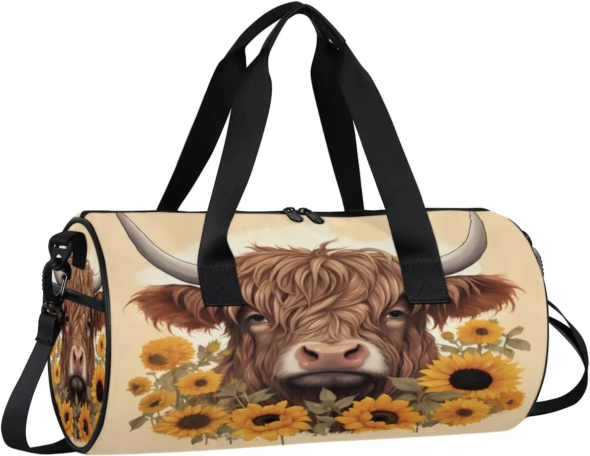 Travel Duffel Bag Sunflower Highland Cow Sports Gym Bag for Womens Mens, Waterproof Weekend Overnight Bags Lightweight Carry on Bags for Airplanes Yoga Dance Beach Swim Hospital Holdalls,A-140