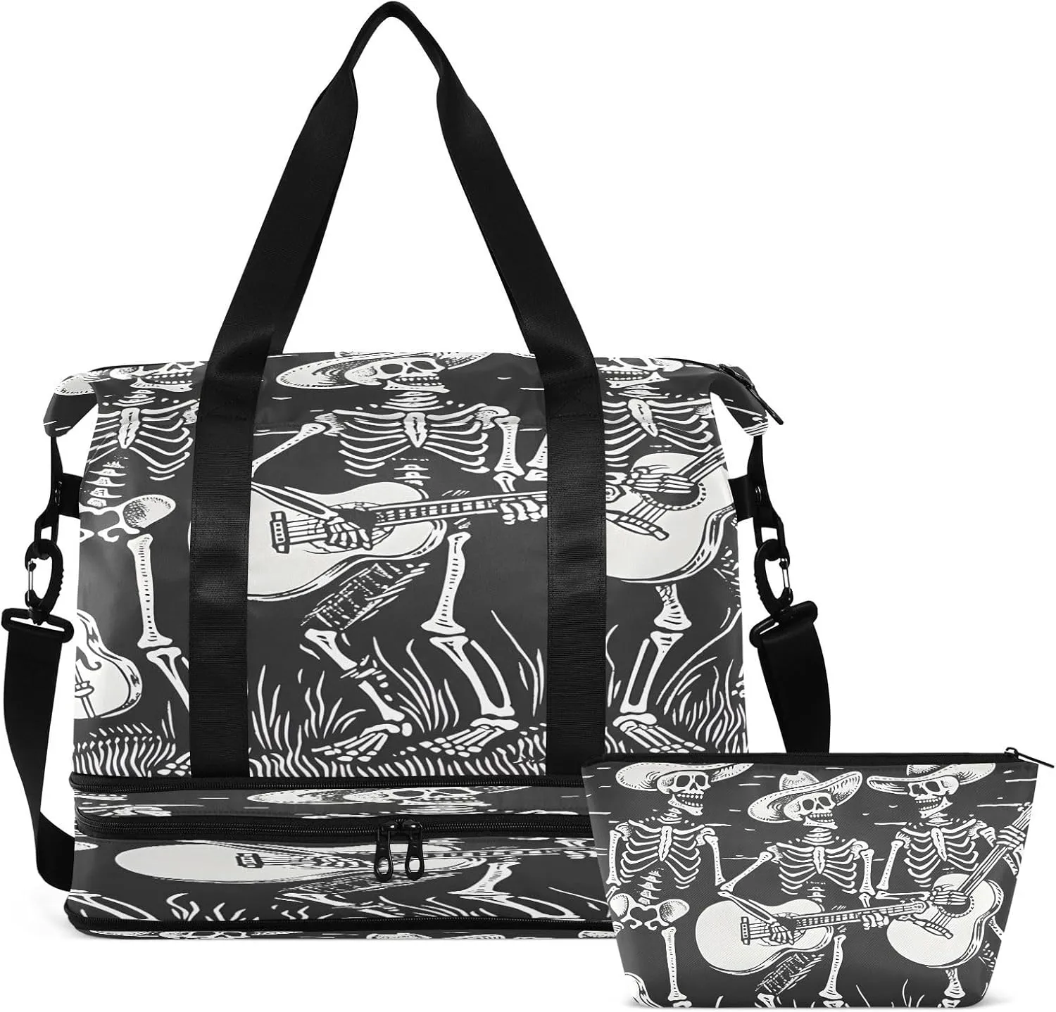 Travel Duffel Bag Woodcut Skeletons Gym Duffel Bag for Men & Women with Shoe & Wet Compartment Shoulder Weekender Overnight Bag