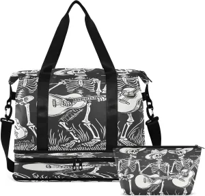 Travel Duffel Bag Woodcut Skeletons Gym Duffel Bag for Men & Women with Shoe & Wet Compartment Shoulder Weekender Overnight Bag