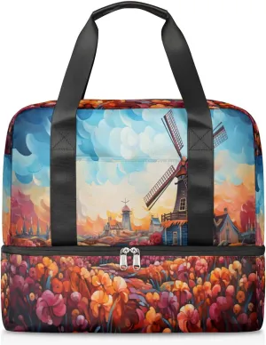 Travel Duffel Bags Oil Painting Windmill Sports Gym Bag with Wet Pocket & Shoes Compartment Large Duffel Bags Waterproof Overnight Bag Weekender Bags for Women Men