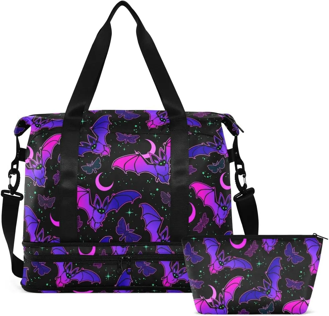 Travel Duffel Tote Bag Purple Bat Gothic Sports Duffel Bag with Wet Pocket Weekender Overnight Bag for Women Men Gym Bag, Carry On Bag Hospital Bag for Labor and Delivery