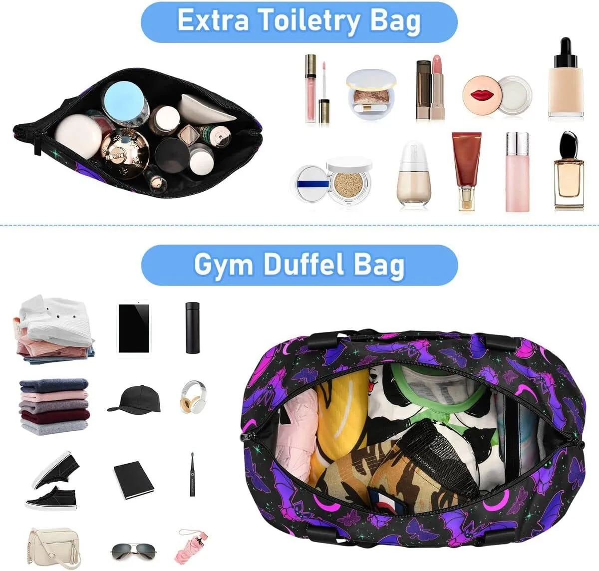 Travel Duffel Tote Bag Purple Bat Gothic Sports Duffel Bag with Wet Pocket Weekender Overnight Bag for Women Men Gym Bag, Carry On Bag Hospital Bag for Labor and Delivery