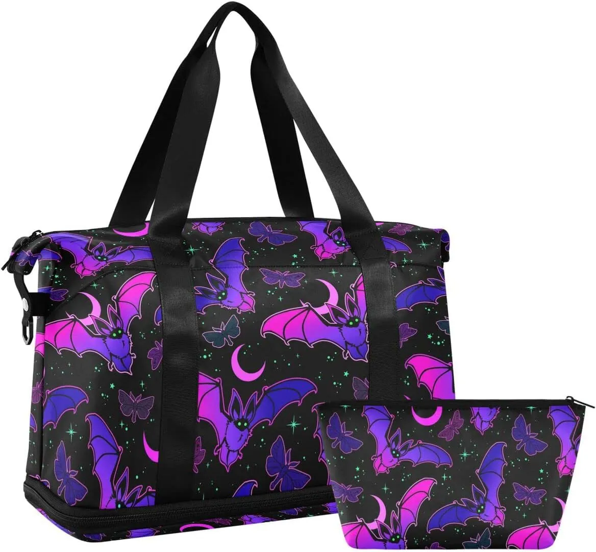 Travel Duffel Tote Bag Purple Bat Gothic Sports Duffel Bag with Wet Pocket Weekender Overnight Bag for Women Men Gym Bag, Carry On Bag Hospital Bag for Labor and Delivery