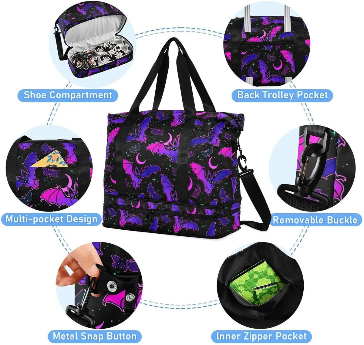 Travel Duffel Tote Bag Purple Bat Gothic Sports Duffel Bag with Wet Pocket Weekender Overnight Bag for Women Men Gym Bag, Carry On Bag Hospital Bag for Labor and Delivery