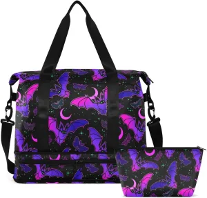 Travel Duffel Tote Bag Purple Bat Gothic Sports Duffel Bag with Wet Pocket Weekender Overnight Bag for Women Men Gym Bag, Carry On Bag Hospital Bag for Labor and Delivery