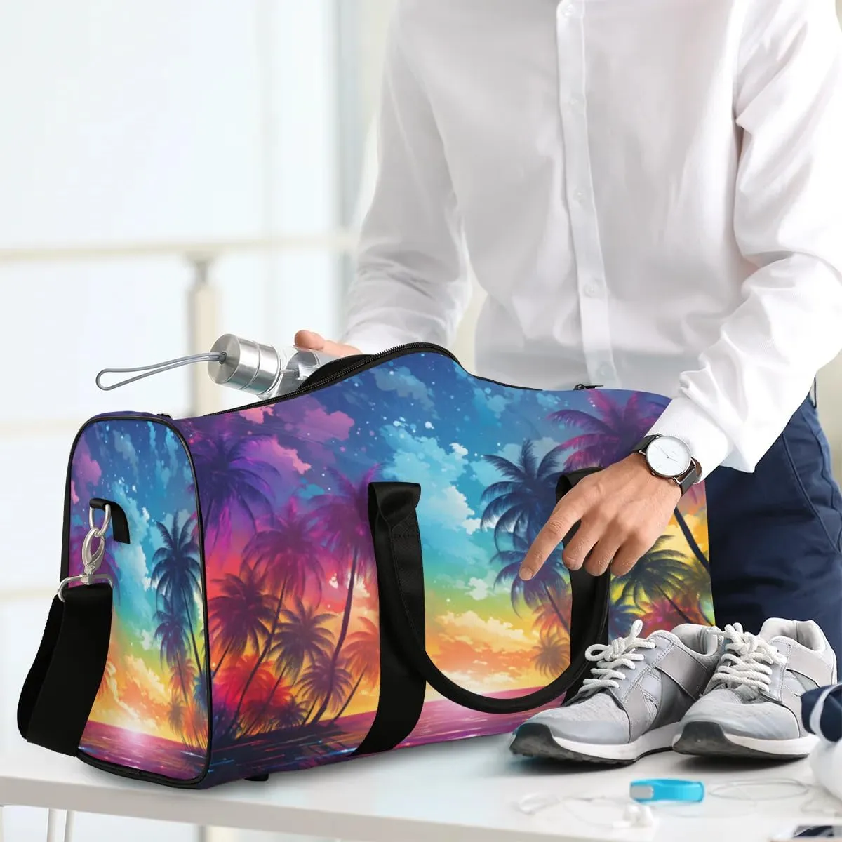 Travel Duffle Bag Beach Palm Tree Gym Bags for Men Women Travel Duffel Bags with Adjustable Shoulder Strap Carry On Weekender Bag