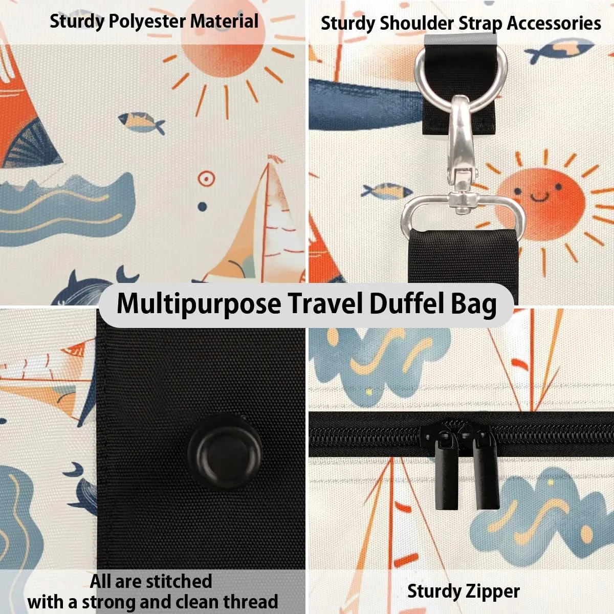 Travel Duffle Bag Boats Fish Sun Gym Bags for Men Women Travel Duffel Bags with Adjustable Shoulder Strap Carry On Weekender Bag