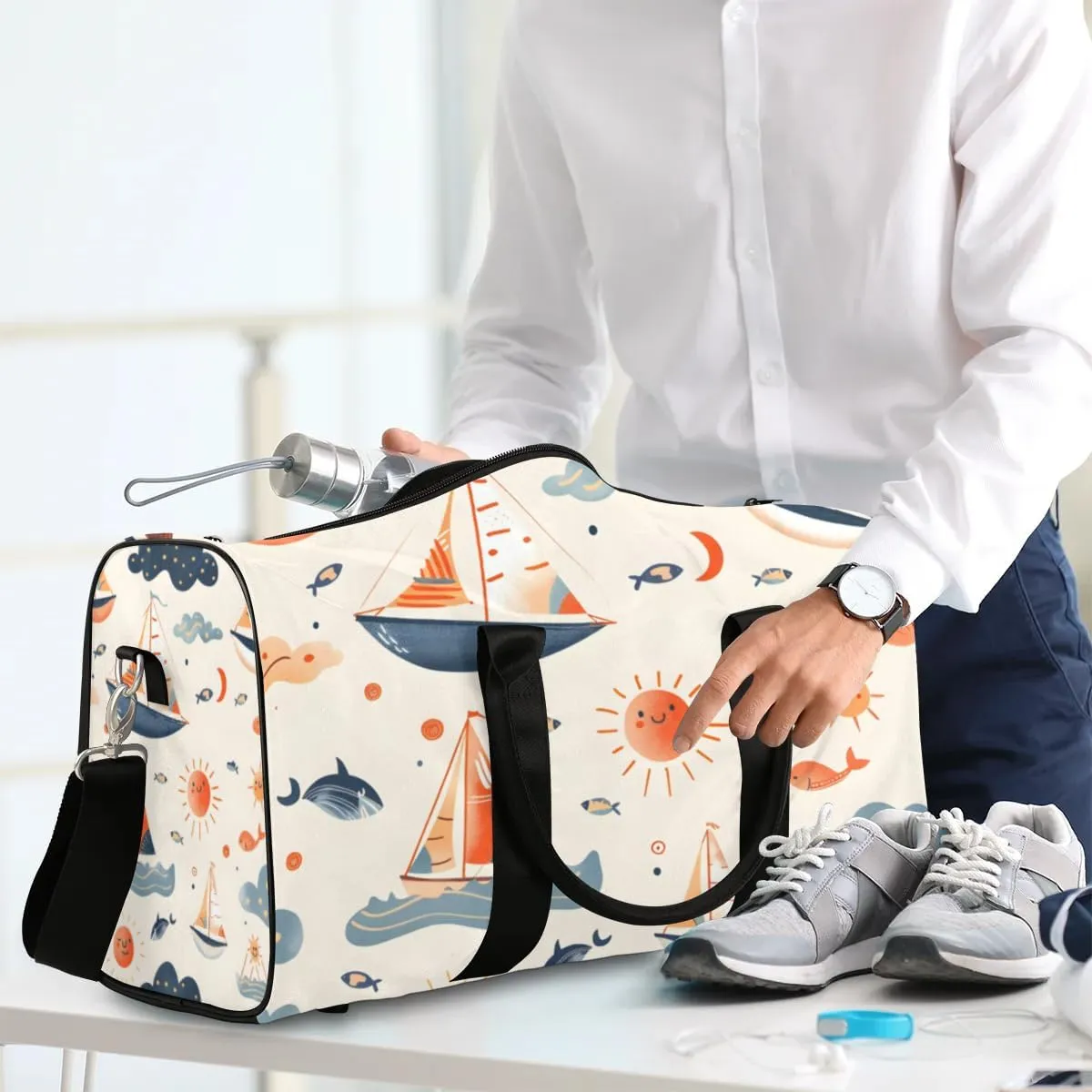 Travel Duffle Bag Boats Fish Sun Gym Bags for Men Women Travel Duffel Bags with Adjustable Shoulder Strap Carry On Weekender Bag