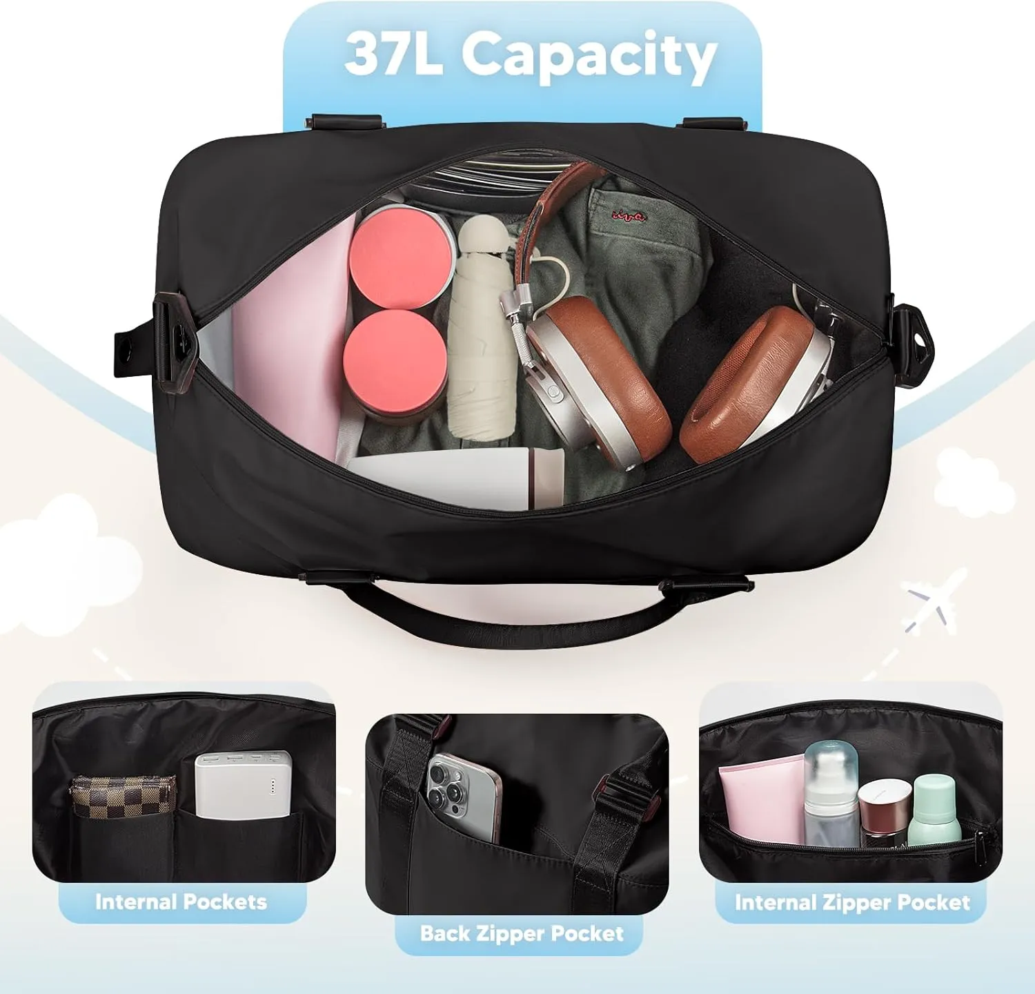 Travel Duffle Bag, Waterproof Weekender Bag for Women, Lightweight Carry on Sport Gym Bag for Women, Overnight Tote Luggage Bag with Trollery Sleeve (Black)