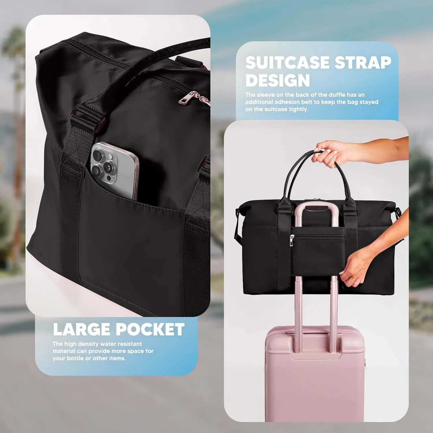 Travel Duffle Bag, Waterproof Weekender Bag for Women, Lightweight Carry on Sport Gym Bag for Women, Overnight Tote Luggage Bag with Trollery Sleeve (Black)