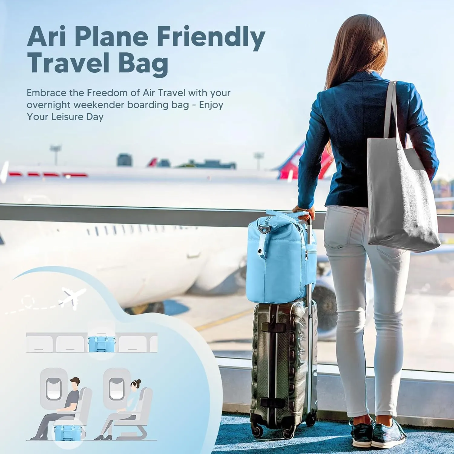 Travel Duffle Bag, Waterproof Weekender Bag for Women, Lightweight Carry on Sport Gym Bag for Women, Overnight Tote Luggage Bag with Trollery Sleeve (Light Blue)