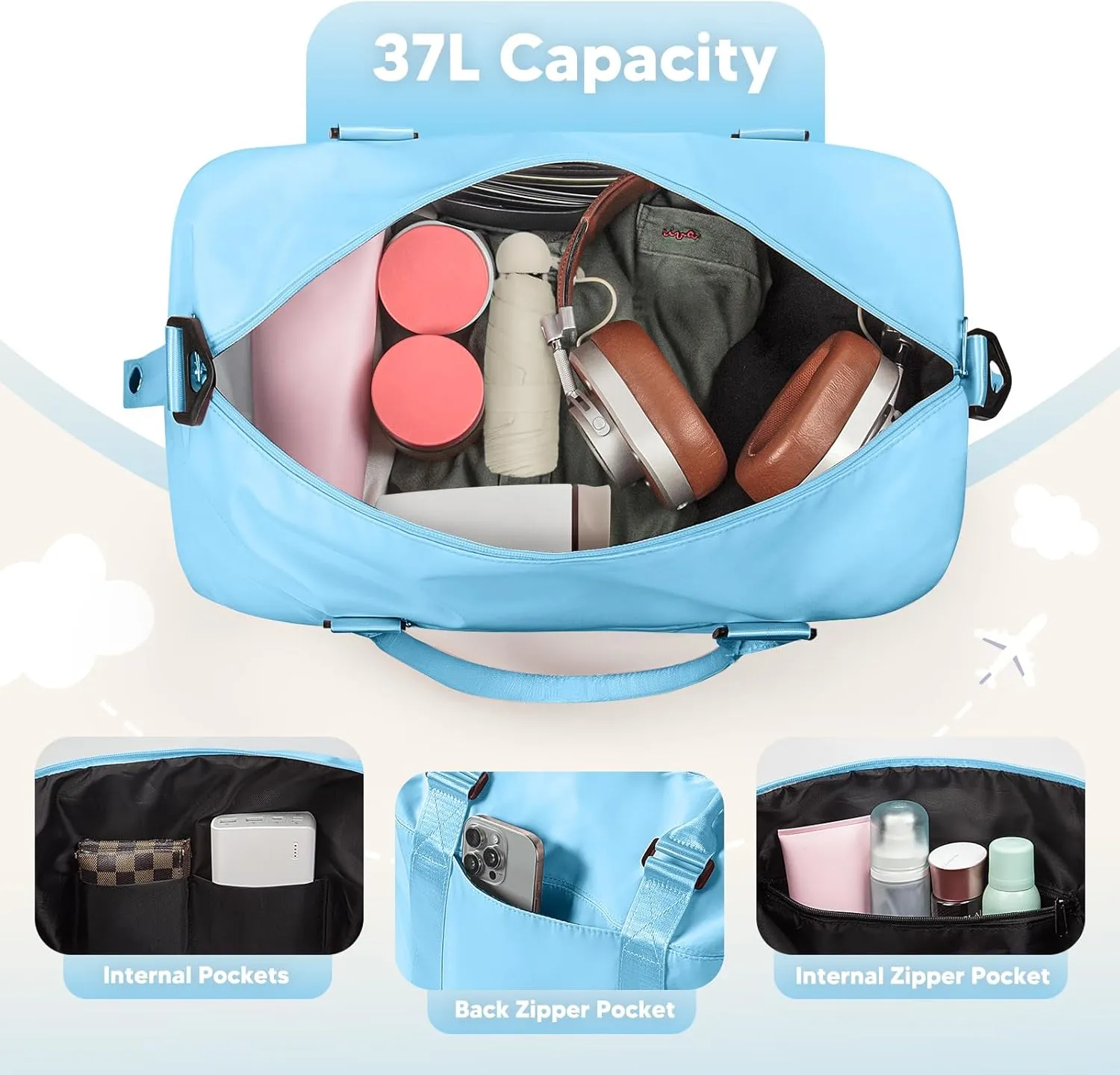 Travel Duffle Bag, Waterproof Weekender Bag for Women, Lightweight Carry on Sport Gym Bag for Women, Overnight Tote Luggage Bag with Trollery Sleeve (Light Blue)