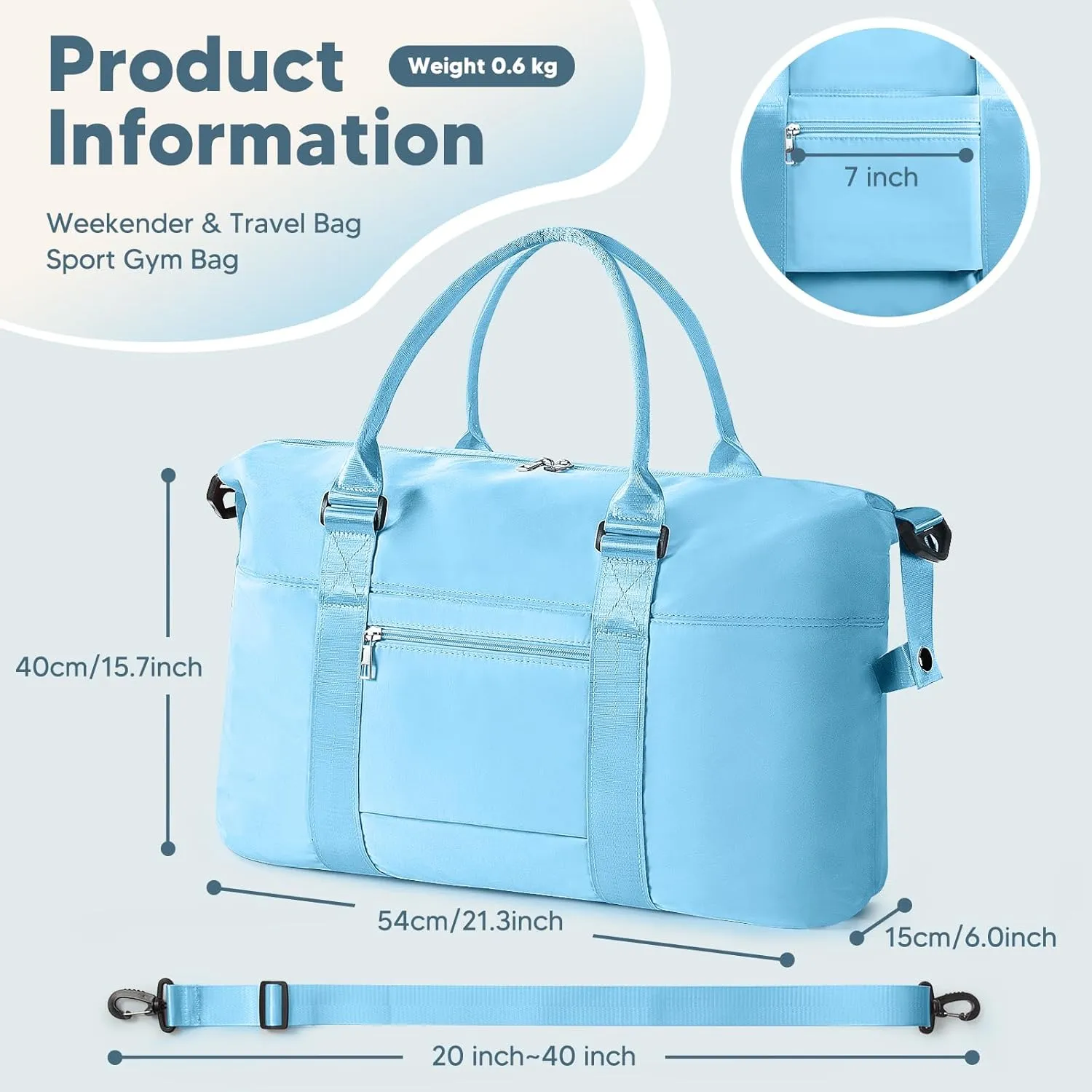 Travel Duffle Bag, Waterproof Weekender Bag for Women, Lightweight Carry on Sport Gym Bag for Women, Overnight Tote Luggage Bag with Trollery Sleeve (Light Blue)