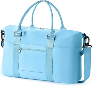 Travel Duffle Bag, Waterproof Weekender Bag for Women, Lightweight Carry on Sport Gym Bag for Women, Overnight Tote Luggage Bag with Trollery Sleeve (Light Blue)