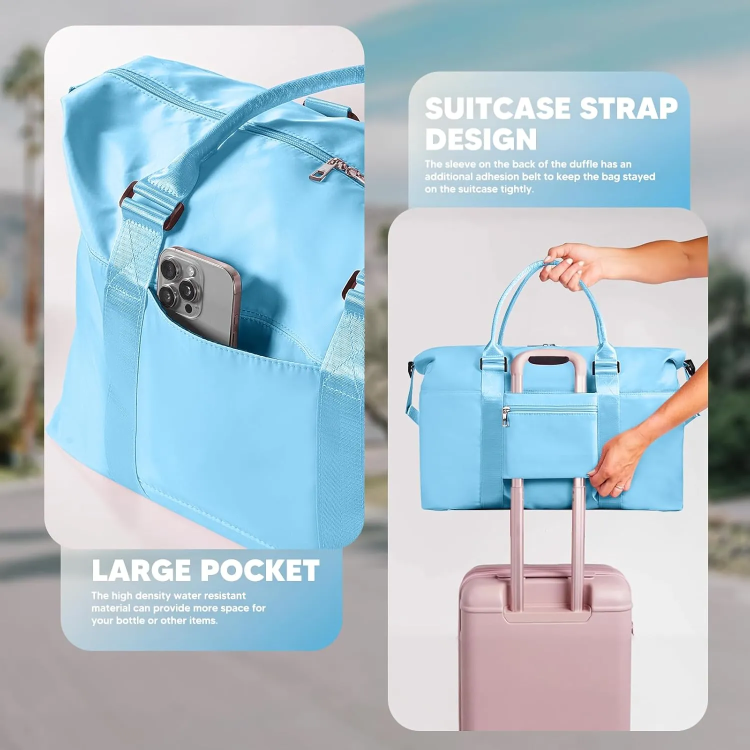 Travel Duffle Bag, Waterproof Weekender Bag for Women, Lightweight Carry on Sport Gym Bag for Women, Overnight Tote Luggage Bag with Trollery Sleeve (Light Blue)