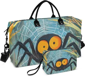 Travel Tote Bag Carry On Weekend Bag Gym Bag with Toiletry Bag for Business Trips Large Capacity Spin Web Happy Halloween