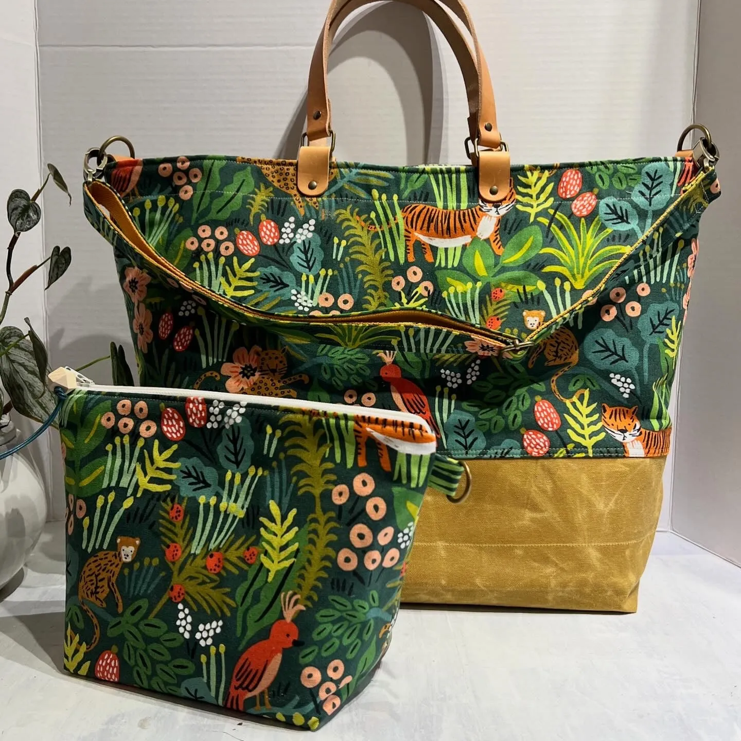 Traveller Tote, Rifle Paper Co Jungle Hunter, Hand Waxed Canvas Set with Zipper Pouch
