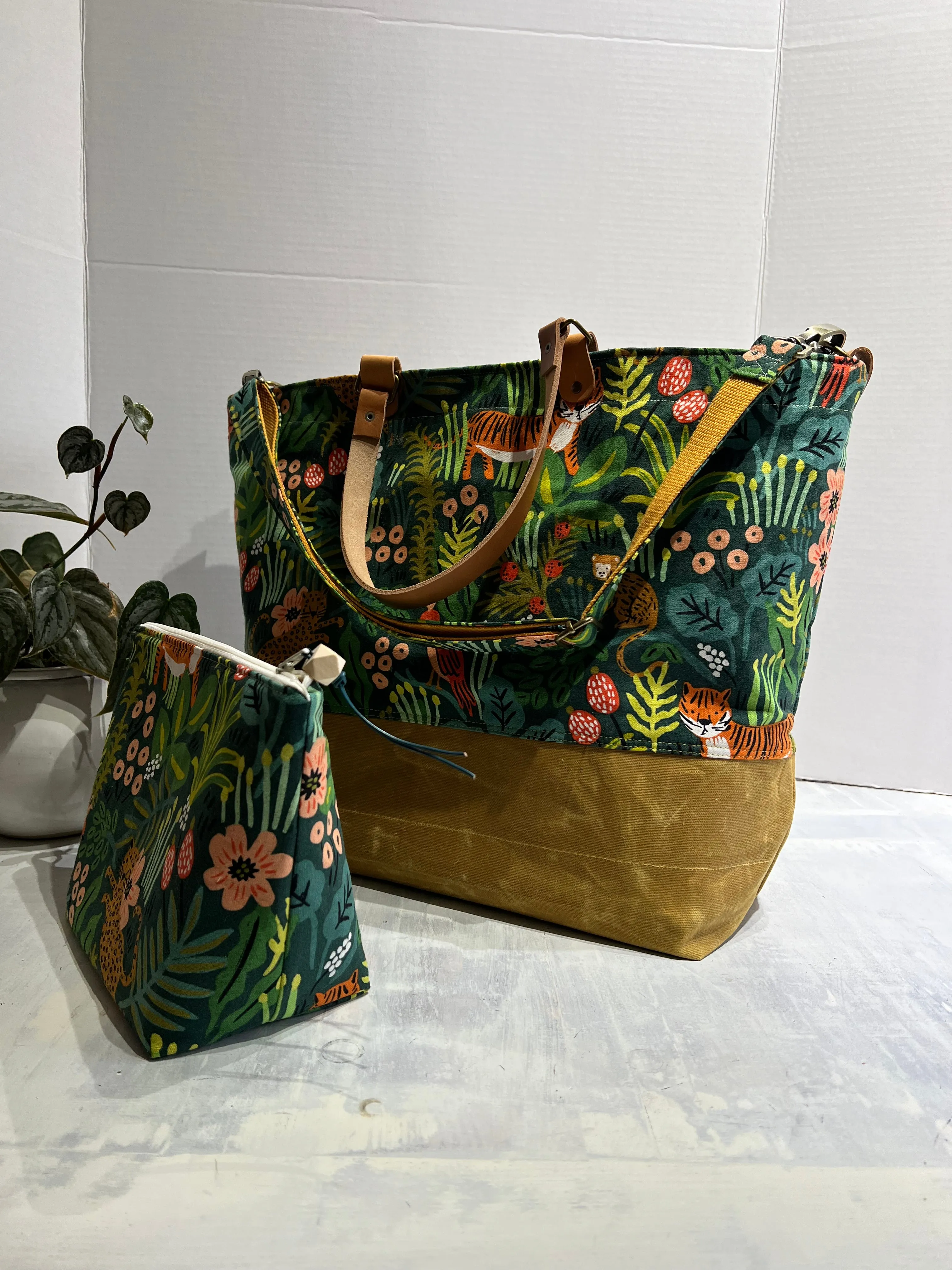 Traveller Tote, Rifle Paper Co Jungle Hunter, Hand Waxed Canvas Set with Zipper Pouch