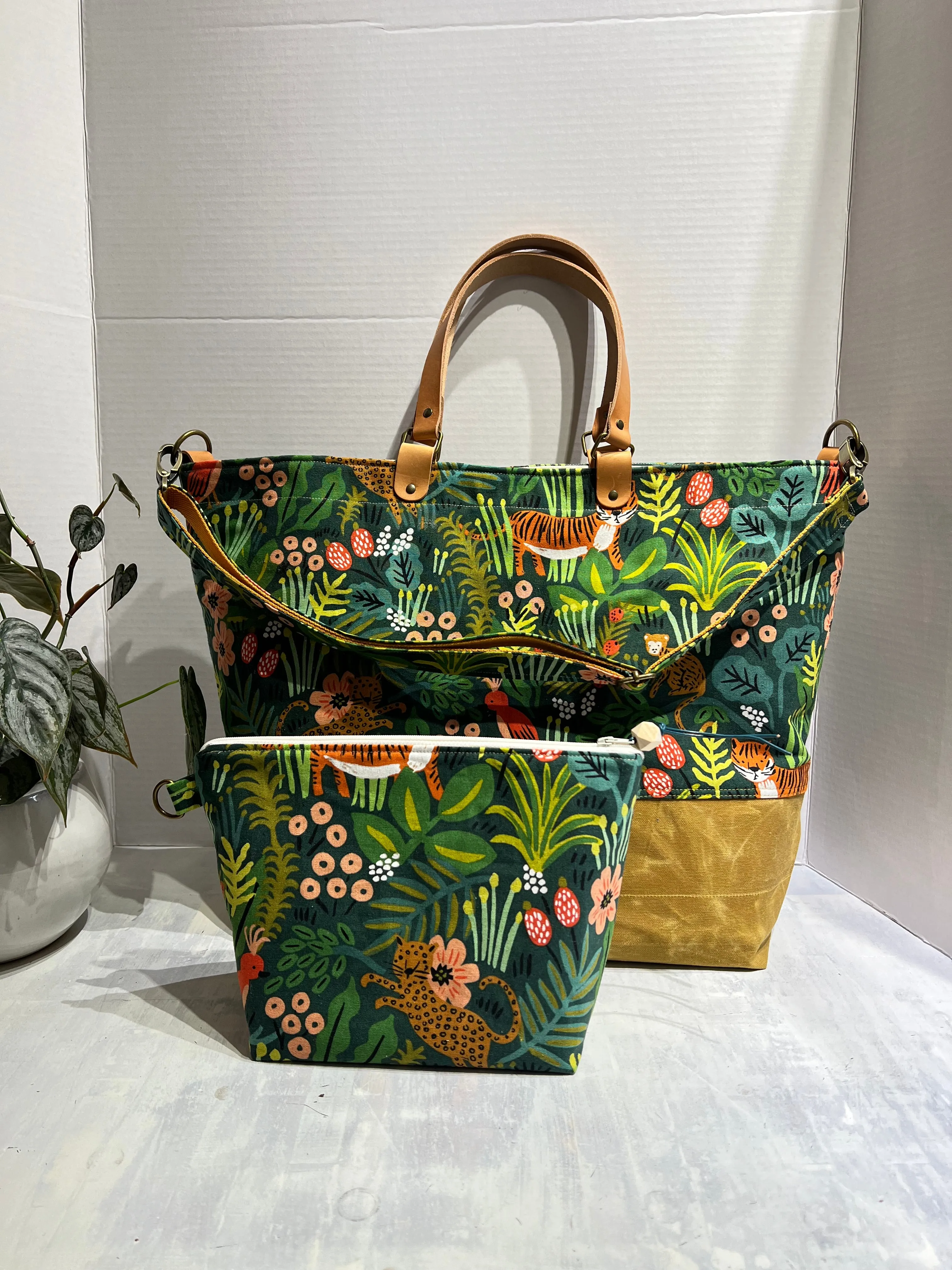 Traveller Tote, Rifle Paper Co Jungle Hunter, Hand Waxed Canvas Set with Zipper Pouch