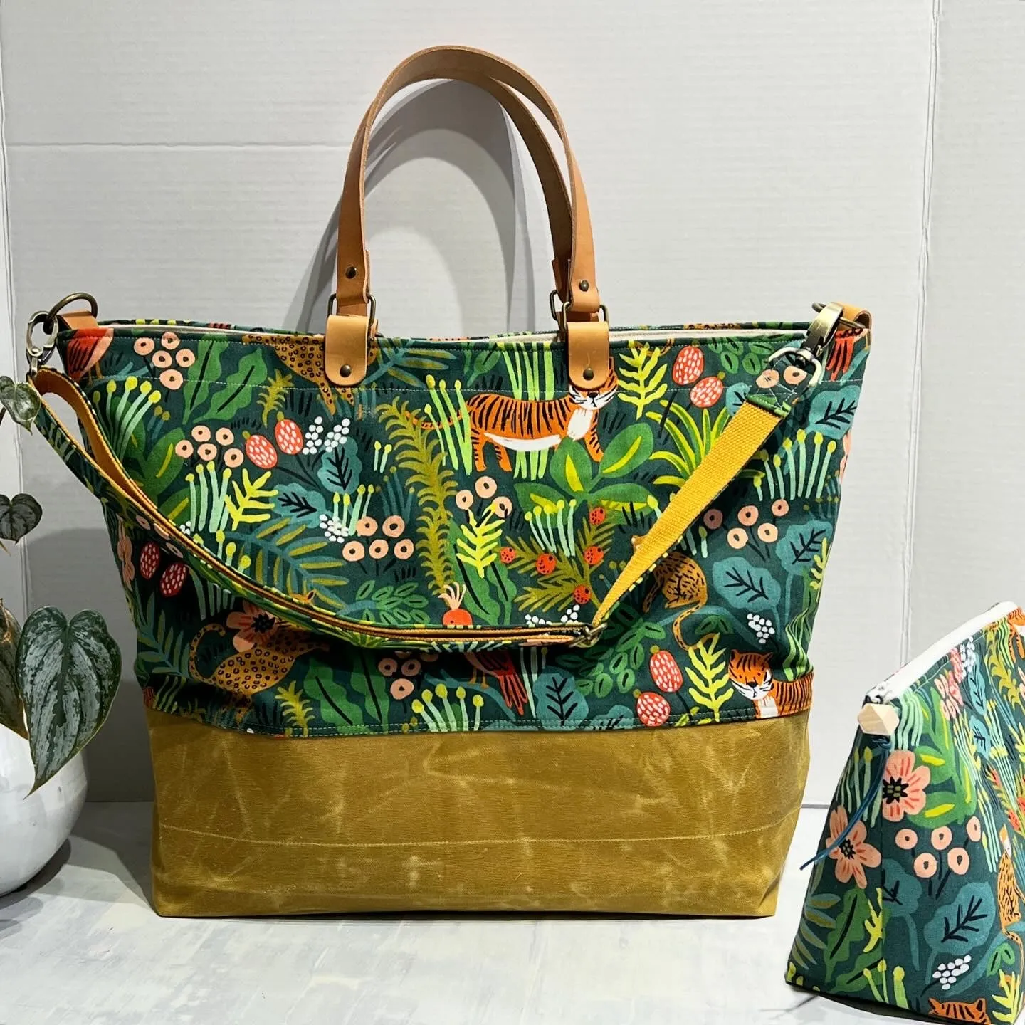Traveller Tote, Rifle Paper Co Jungle Hunter, Hand Waxed Canvas Set with Zipper Pouch