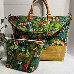 Traveller Tote, Rifle Paper Co Jungle Hunter, Hand Waxed Canvas Set with Zipper Pouch