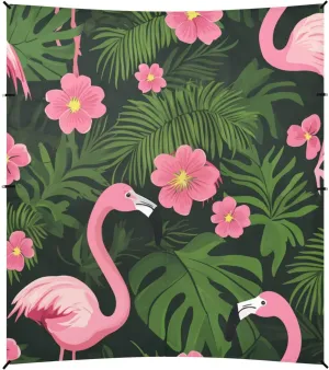 Tropical Flamingos Palm Leaves Flowers Vibrant Pink Beach Cabana UPF50  Easy Setup Large Sun Shade with Sandbags, Sand Shovel, Poles for Camping, Picnics, Backyard