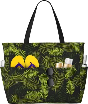 Tropical Palm Leaves Fern Leaf Large Beach Tote Bag for Women Extra Large Capacity Waterproof Sandproof Pool Bag Suitable for Gym Swimming Pool Travel Groceries
