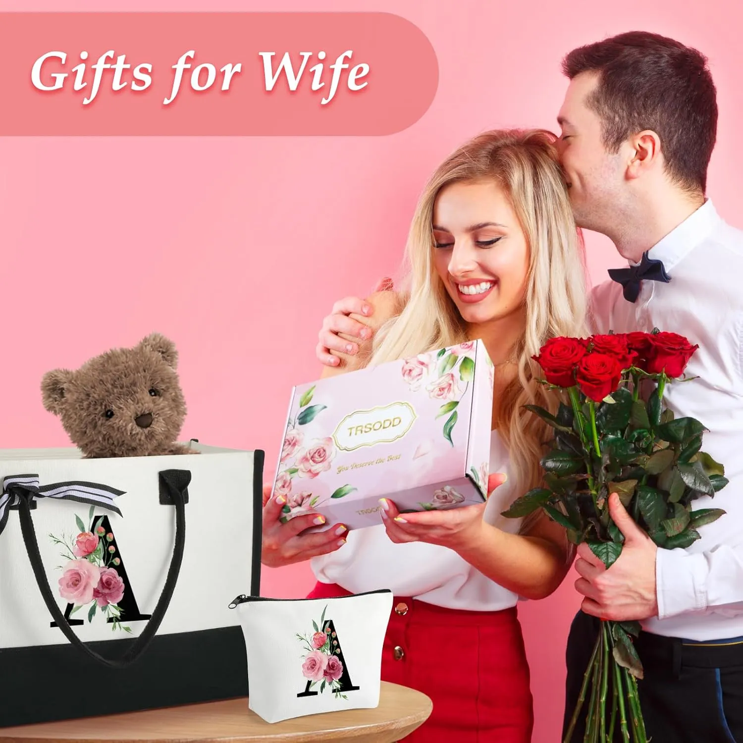 TRSODD Birthday Gifts for Women Mothers Day Gifts for Mom Wife Grandma Daughter Sister Friends Initial Tote Bag and Makeup Bag W