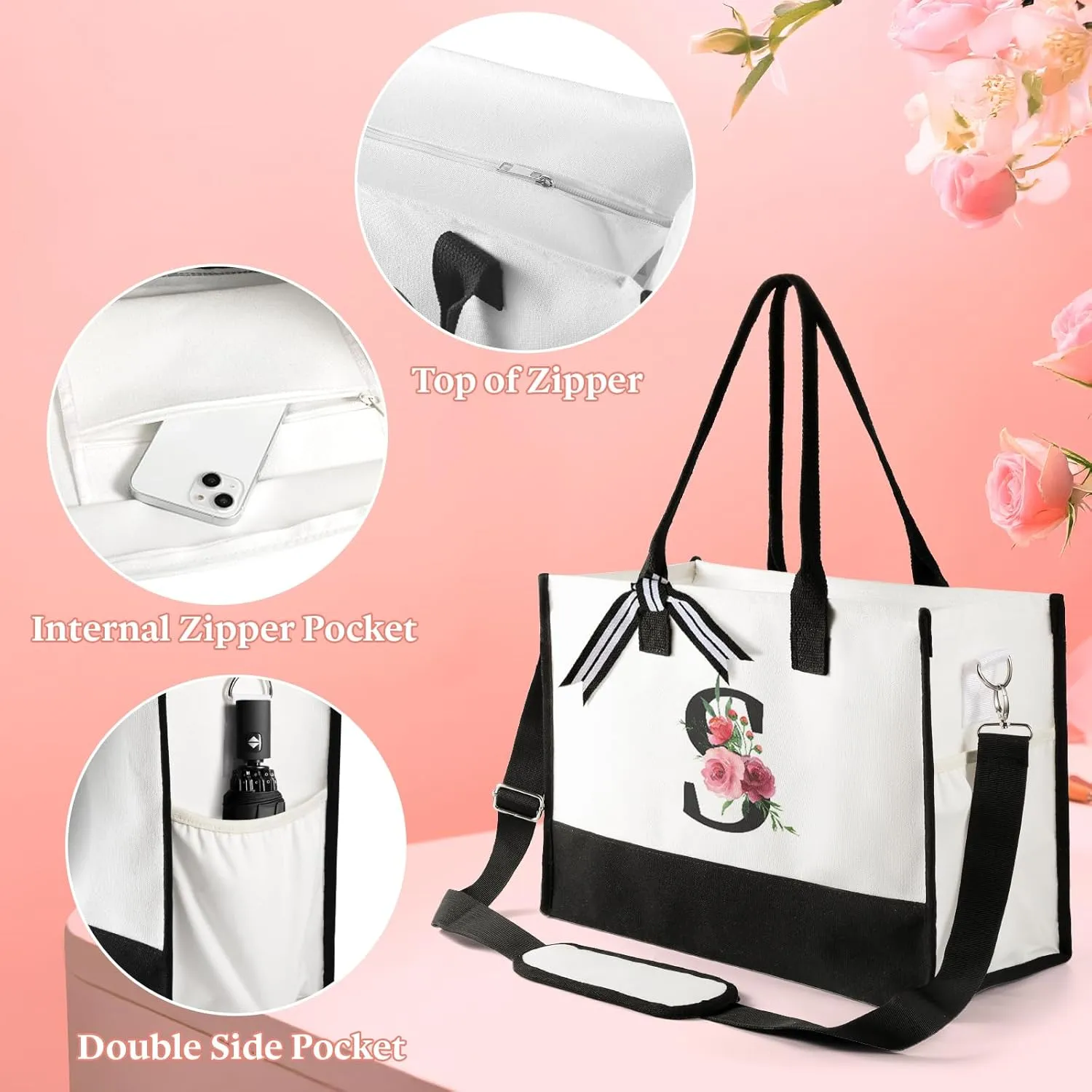 TRSODD Birthday Gifts for Women Mothers Day Gifts for Mom Wife Grandma Daughter Sister Friends Initial Tote Bag and Makeup Bag W