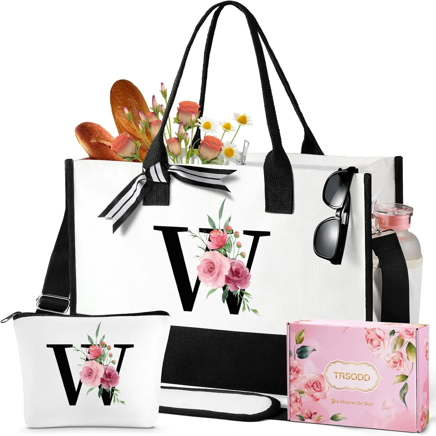 TRSODD Birthday Gifts for Women Mothers Day Gifts for Mom Wife Grandma Daughter Sister Friends Initial Tote Bag and Makeup Bag W