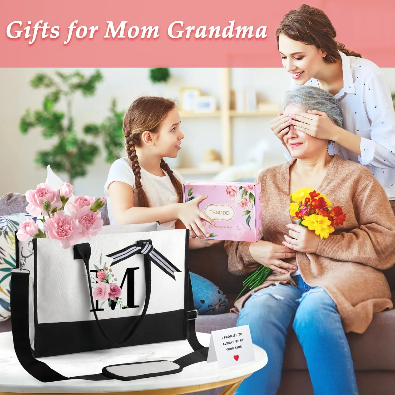 TRSODD Birthday Gifts for Women Mothers Day Gifts for Mom Wife Grandma Daughter Sister Friends Initial Tote Bag and Makeup Bag W