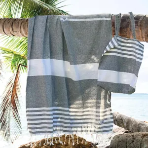 Turkish Beach Towel And Tote Bag - Beach Bag Tote And Turkish Towel Set. Travel, Picnic Blanket, Yoga. Women or Men.