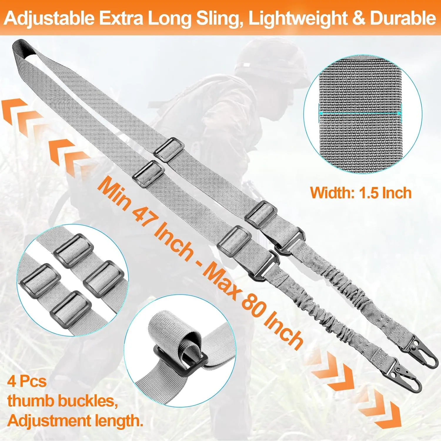 Two Point Traditional Sling with Mounts - Adjustable Extra Long Two Point Traditional Sling with 2 Pack 1.25" QD Sling Rail Swivel Mounts for Mlock