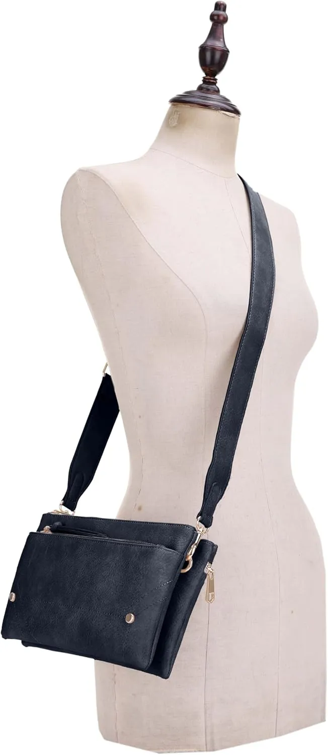 Two-Tone Multi-Compartment Crossbody Bag with Adjustable Detachable Strap, Gold Hardware, and Stitched Detailing