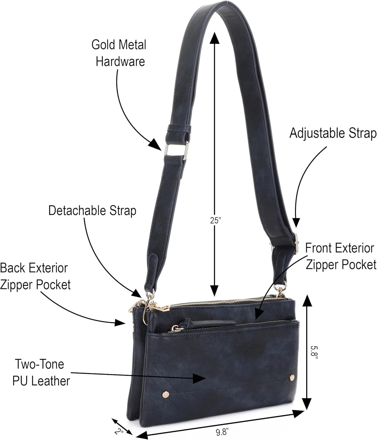 Two-Tone Multi-Compartment Crossbody Bag with Adjustable Detachable Strap, Gold Hardware, and Stitched Detailing