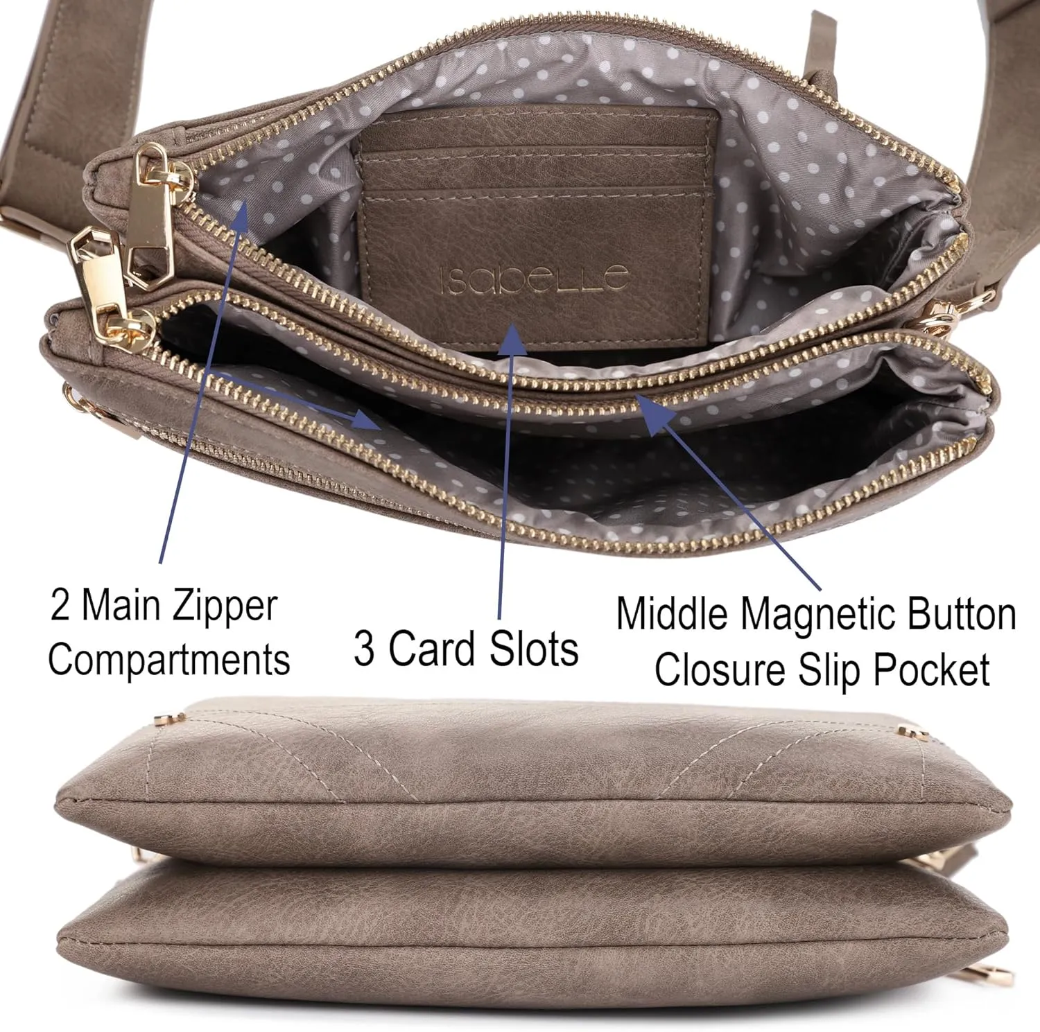 Two-Tone Multi-Compartment Crossbody Bag with Adjustable Detachable Strap, Gold Hardware, and Stitched Detailing