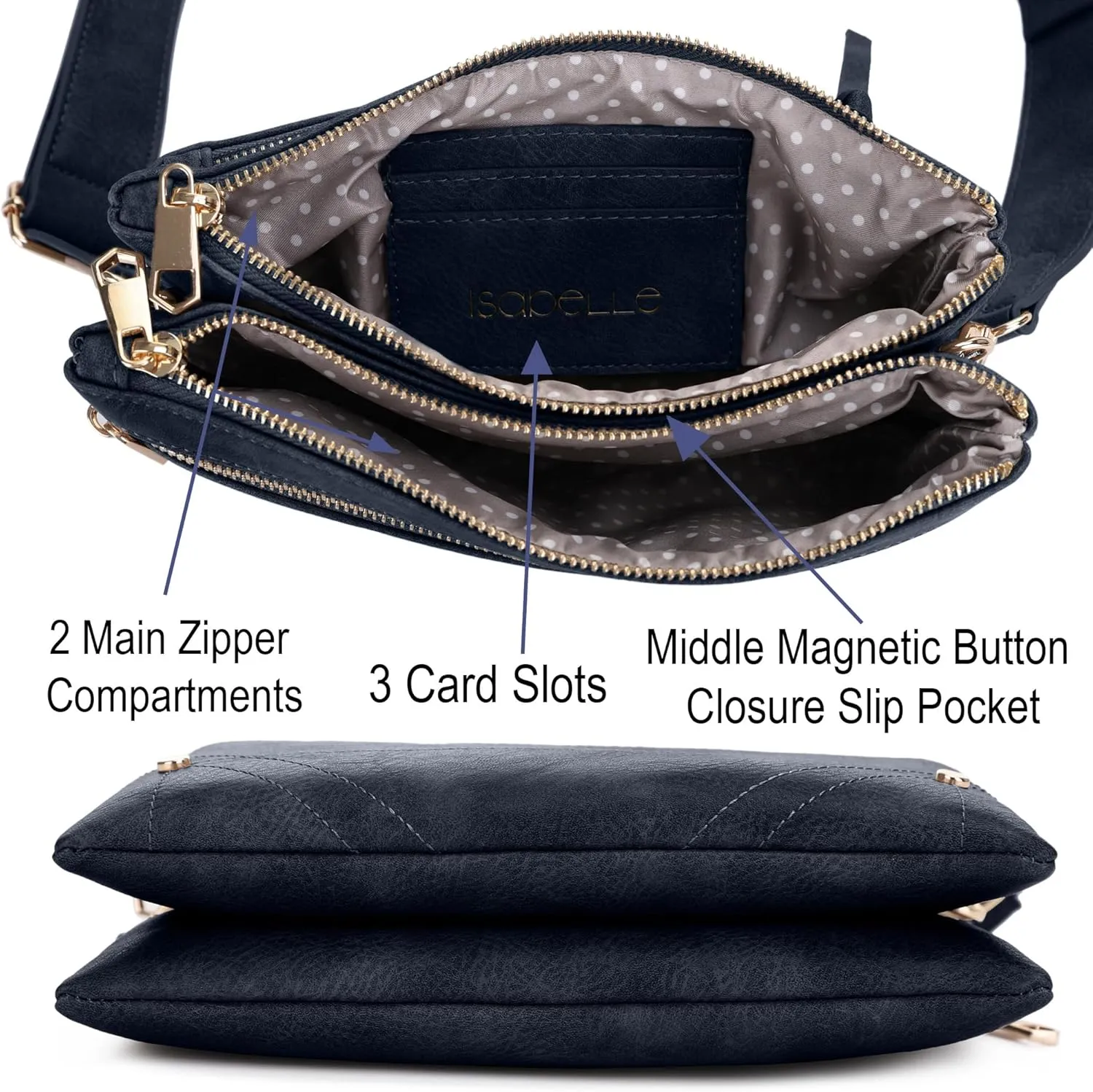 Two-Tone Multi-Compartment Crossbody Bag with Adjustable Detachable Strap, Gold Hardware, and Stitched Detailing