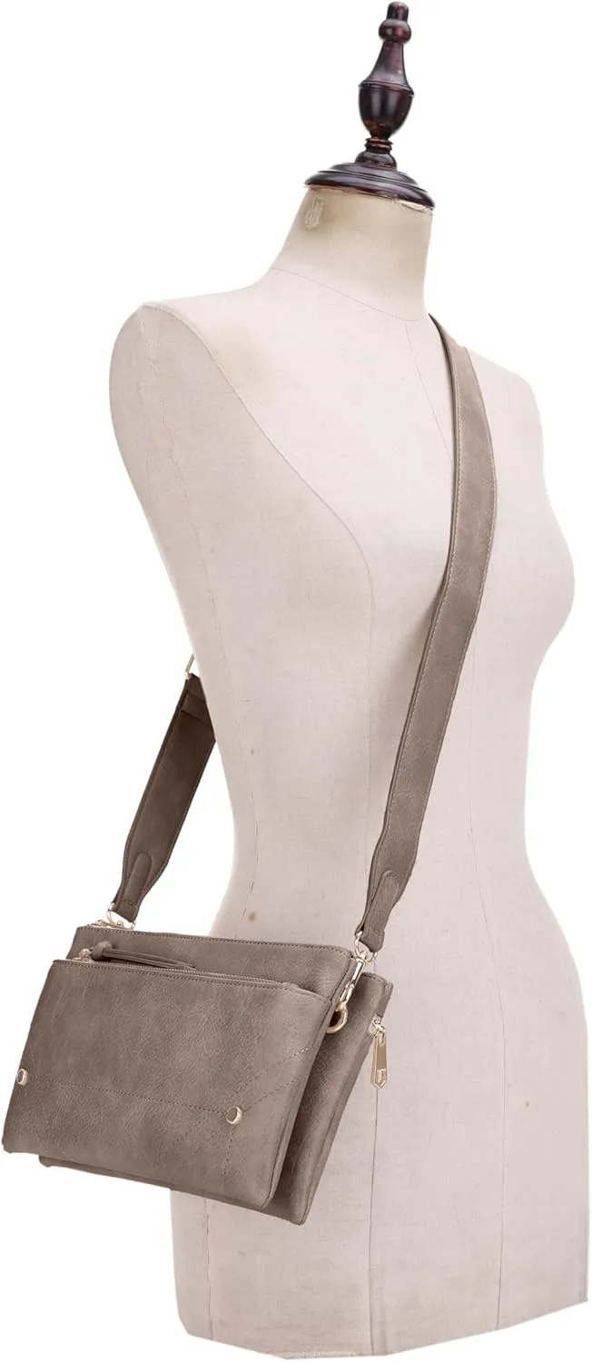 Two-Tone Multi-Compartment Crossbody Bag with Adjustable Detachable Strap, Gold Hardware, and Stitched Detailing