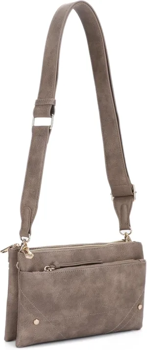 Two-Tone Multi-Compartment Crossbody Bag with Adjustable Detachable Strap, Gold Hardware, and Stitched Detailing
