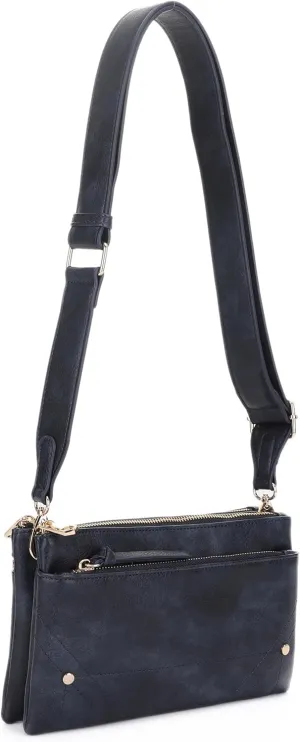 Two-Tone Multi-Compartment Crossbody Bag with Adjustable Detachable Strap, Gold Hardware, and Stitched Detailing