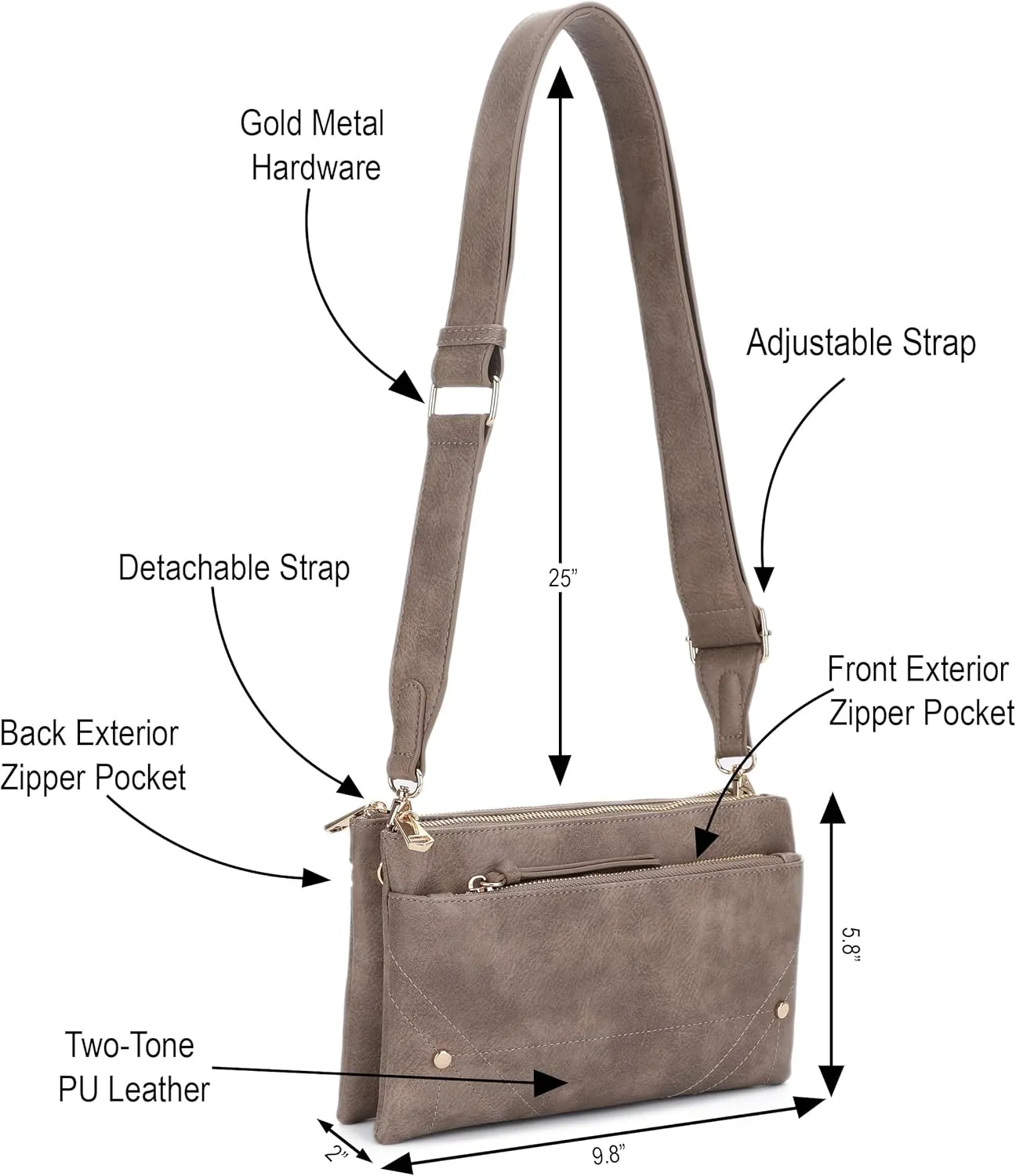 Two-Tone Multi-Compartment Crossbody Bag with Adjustable Detachable Strap, Gold Hardware, and Stitched Detailing