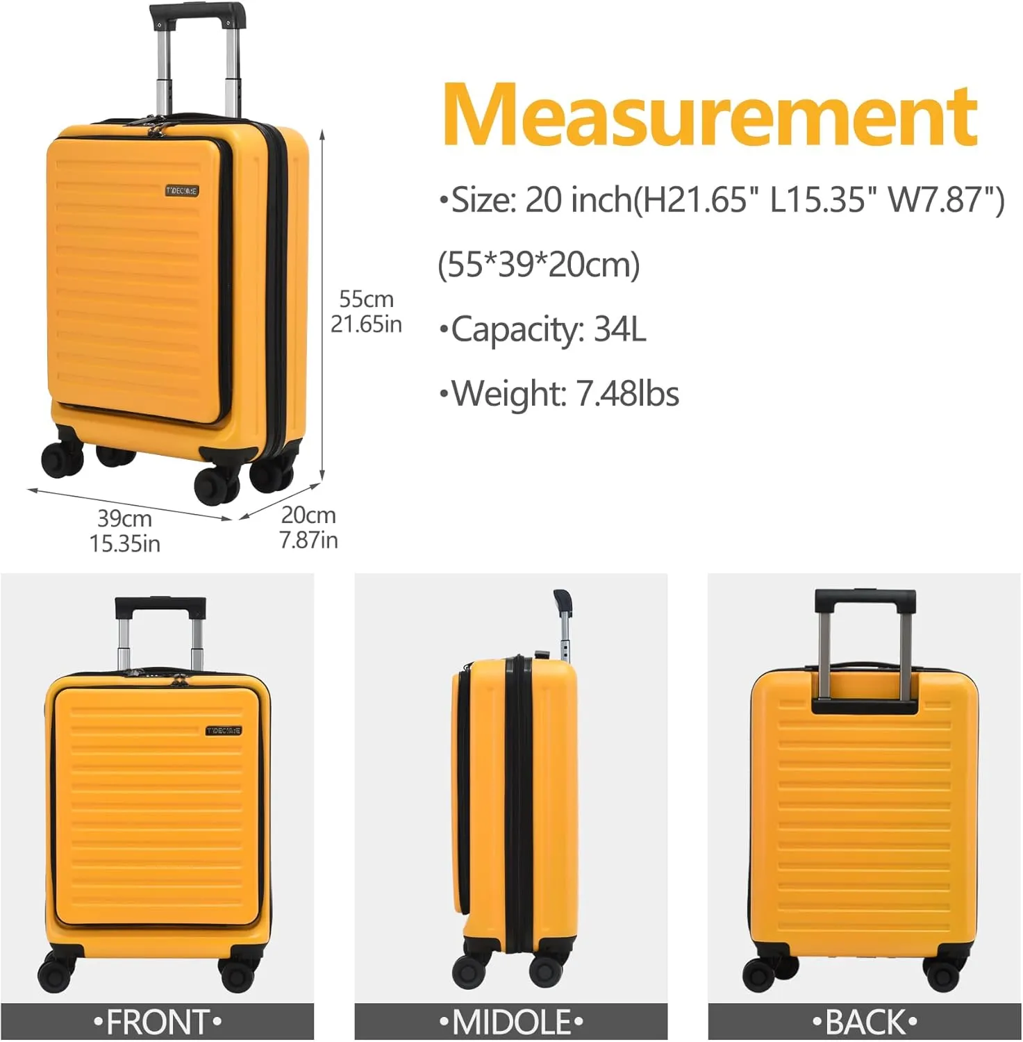TydeCkare 20 Inch Carry On Luggage with Front Pocket, 21.65 * 15.35 * 7.87" Suitable for Airplane Overhead Bin, 34L PC ABS Hardshell, Orange
